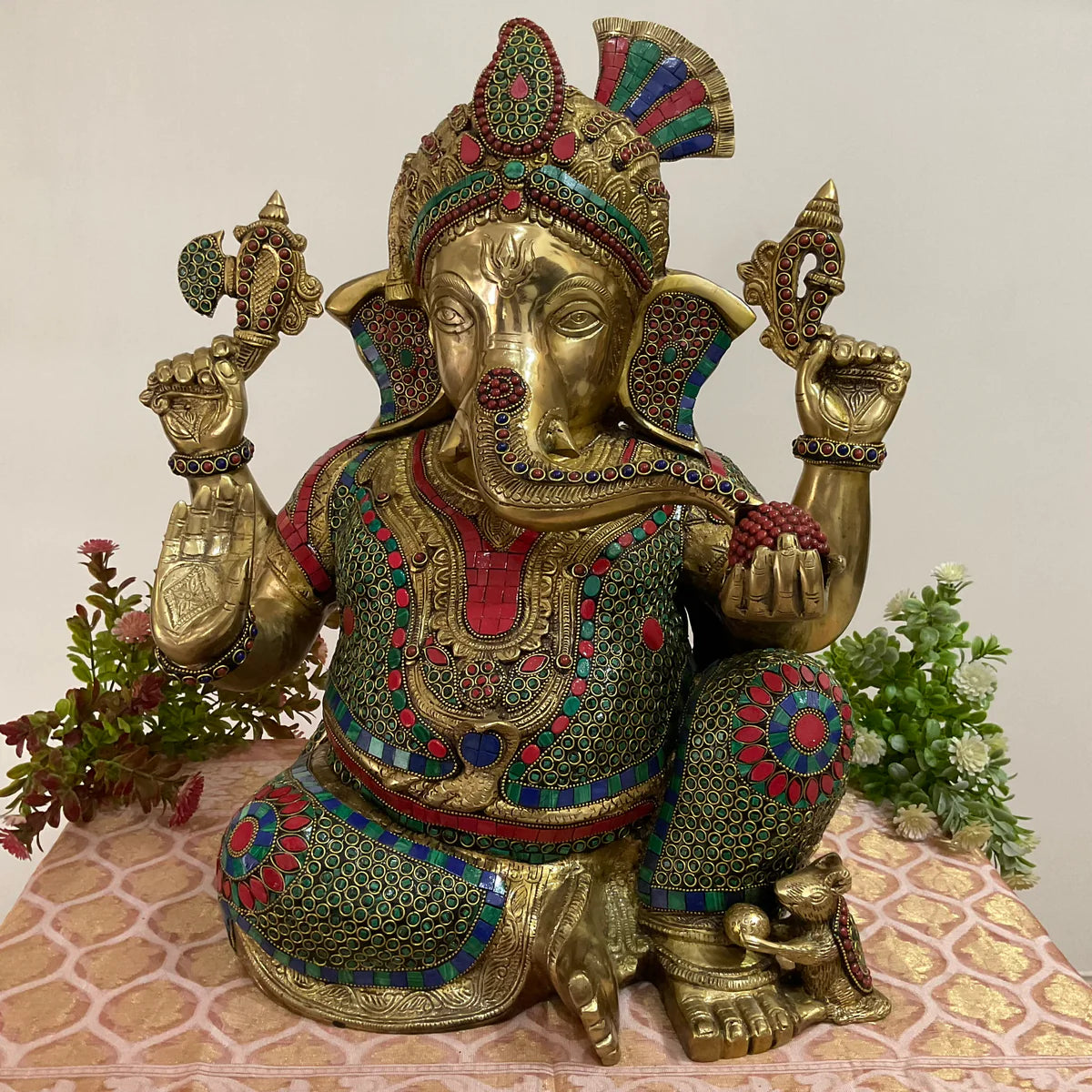 LORD GANESHA COLOR PAINTED BRASS MURTI