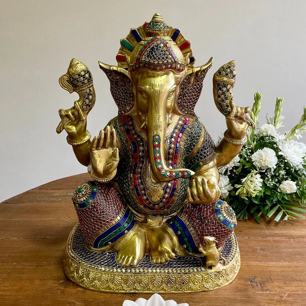 LORD GANESHA COLOR WORKS BRASS MURTI