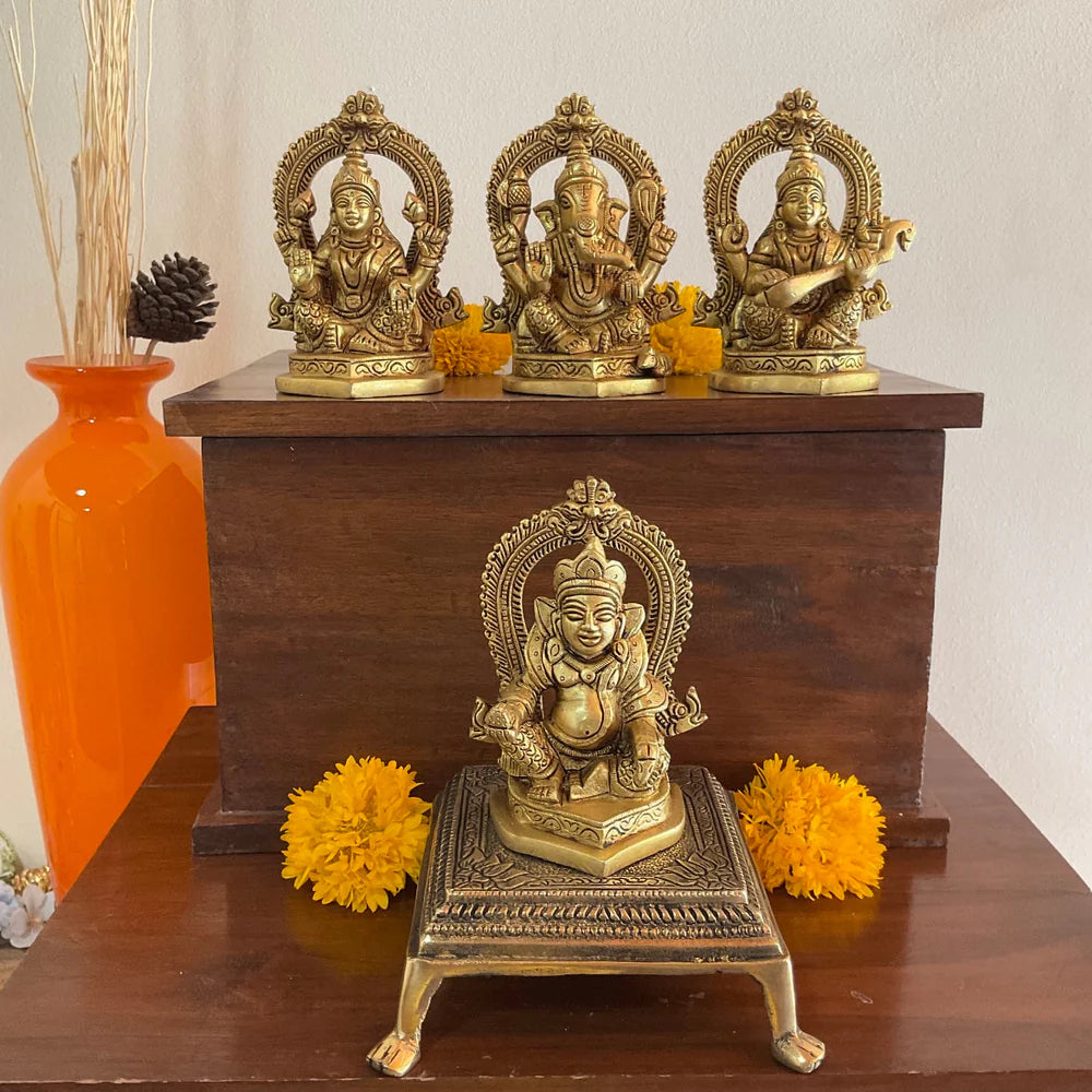 LAKSHMI GANESH SARASWATI WITH KUBER BRASS MURTI
