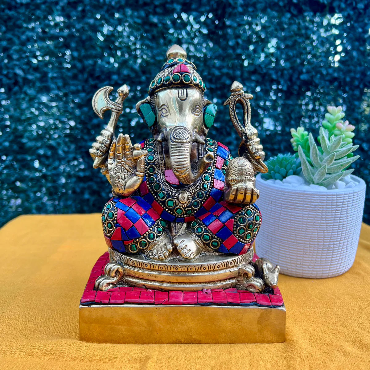 GOLDEN GANESHA BRASS MURTI SAMLL PAINTED